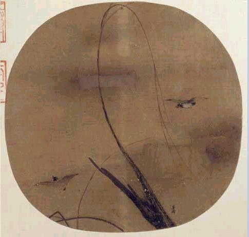 宋梁楷扇面画秋柳双鸦图